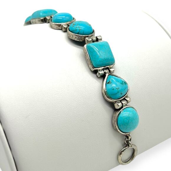 Burnished Silver Bracelet Turquoise Multi Shaped Semi Precious Stone Howlite - Picture 6 of 11